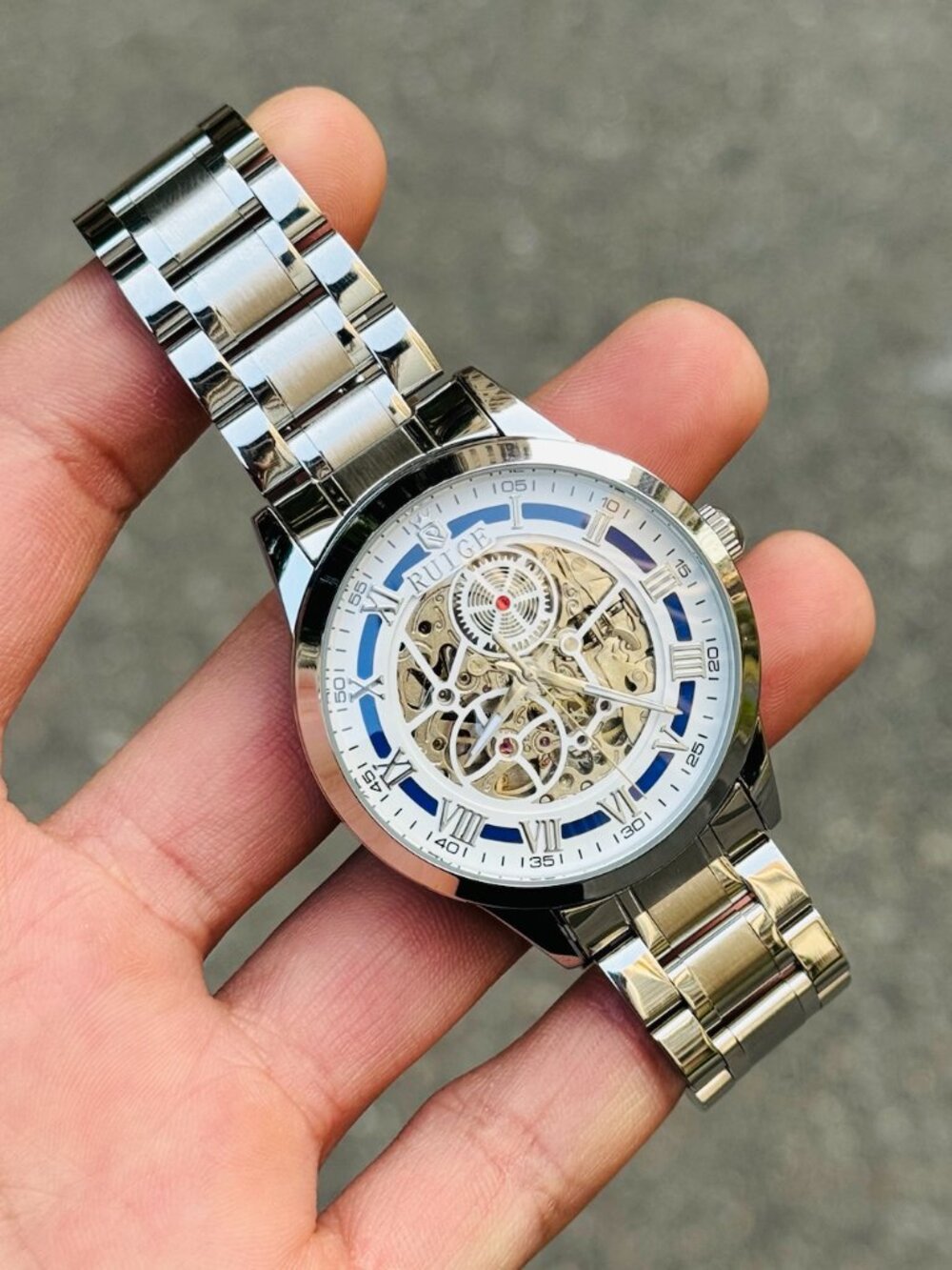 Ruige Skeleton Automatic Men’s Watch, Silver Stainless Steel